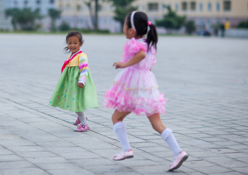 North Korean girls in the street, Pyongan Province, Pyongyang, North Korea
