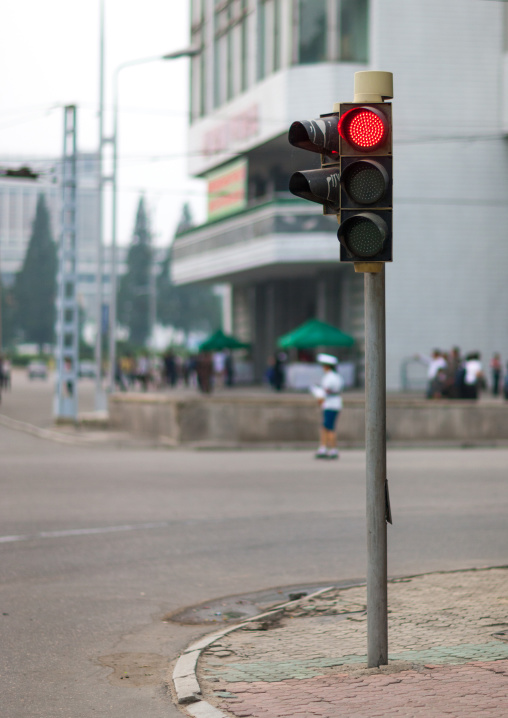 Red traffic light in the street, Pyongan Province, Pyongyang, North Korea
