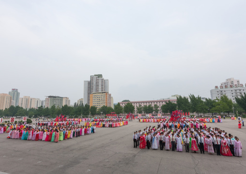 North Korean students before a mass dance performance on september 9 day of the foundation of the republic, Pyongan Province, Pyongyang, North Korea