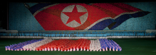 North Korean flag made by human pixels holding up colored boards during Arirang mass games in may day stadium, Pyongan Province, Pyongyang, North Korea