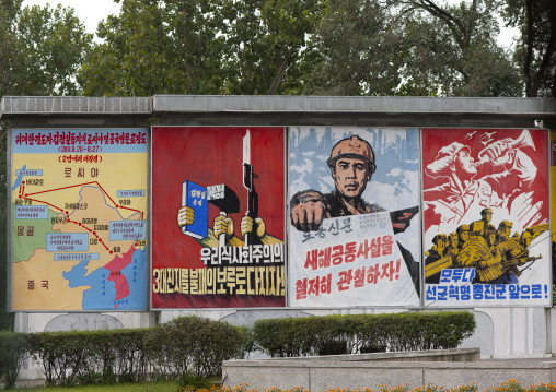 Row of propaganda billboards in the street, Pyongan Province, Pyongyang, North Korea