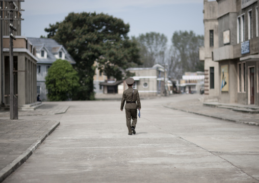 North Korean soldier walking in Pyongyang film studio, Pyongan Province, Pyongyang, North Korea
