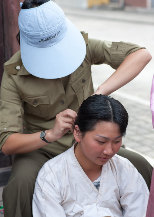 Actress make-up during a movie shooting in Pyongyang film studios, Pyongan Province, Pyongyang, North Korea