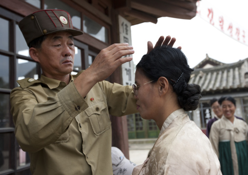 North Korean actress having hair styled at before a movie shooting in Pyongyang film studio, Pyongan Province, Pyongyang, North Korea