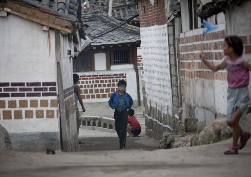North Korean children in a street of the old quarter, North Hwanghae Province, Kaesong, North Korea