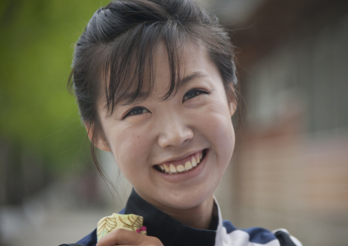 Portrait of a smiling North Korean woman, North Hwanghae Province, Kaesong, North Korea