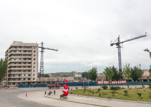 Cranes on a building site construction, North Hwanghae Province, Kaesong, North Korea