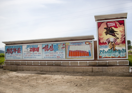 Row of propaganda billboards in a village, South Pyongan Province, Chongsan-ri Cooperative Farm, North Korea