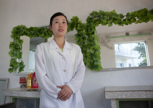 North Korean hairdresser waiting for customers, South Pyongan Province, Chonsam Cooperative Farm, North Korea