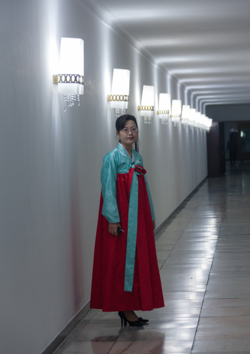 North Korean woman in the corridor of the Juche tower, Pyongan Province, Pyongyang, North Korea