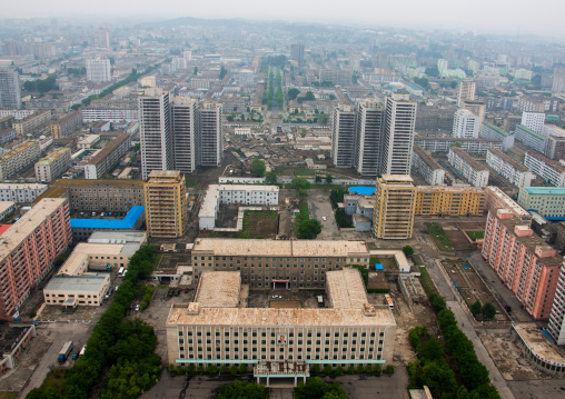 High angle view of buildings in the city center, Pyongan Province, Pyongyang, North Korea