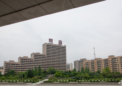 City buildings with propaganda slogan on the top, Pyongan Province, Pyongyang, North Korea