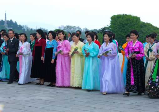 North Korean women paying respect to Kim il Sung in Mansudae Grand monument, Pyongan Province, Pyongyang, North Korea