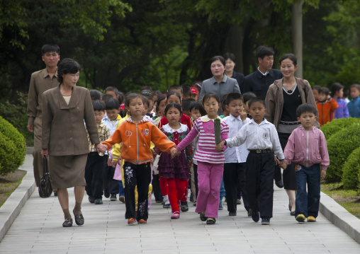 North Korean children visiting Mangyongdae which was the birthplace of North Korean leader Kim Il-sung, Pyongan Province, Pyongyang, North Korea