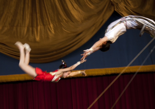 North Korean trapeze artists in the circus missing their performance, Pyongan Province, Pyongyang, North Korea