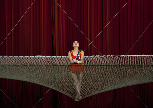North Korean trapeze artist in the circus, Pyongan Province, Pyongyang, North Korea