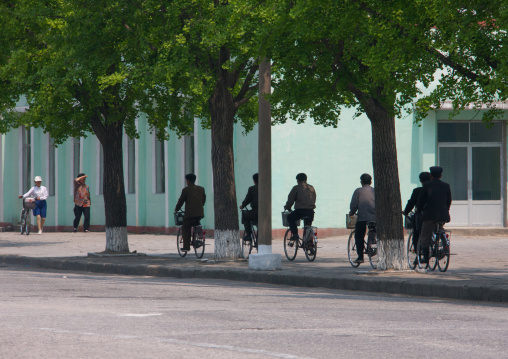 North Korean people riding bicycles under trees, North Hwanghae Province, Kaesong, North Korea
