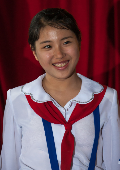 Portrait of a North Korean pioneer teenage girl from the Korean children's union, Pyongan Province, Pyongyang, North Korea