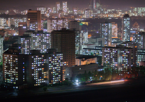 Cityscape by night, Pyongan Province, Pyongyang, North Korea