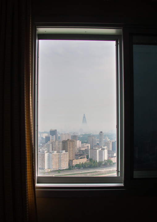 Looking through a window toward the city, Pyongan Province, Pyongyang, North Korea