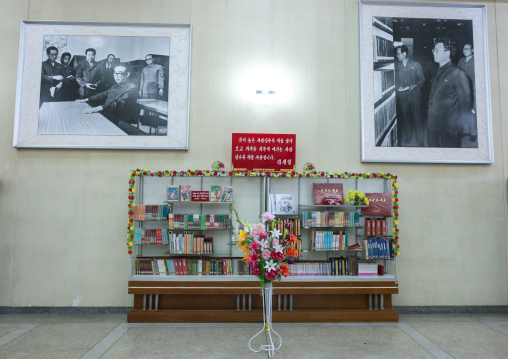 Books offered by the Kim Jong-il in the Grand people's study house, Pyongan Province, Pyongyang, North Korea