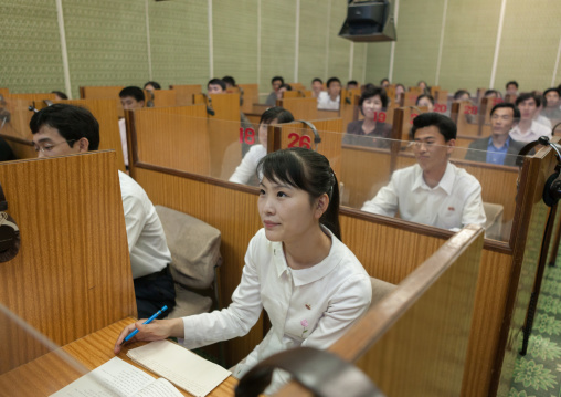 North Korean woman during an english classroom in the Grand people's study house, Pyongan Province, Pyongyang, North Korea