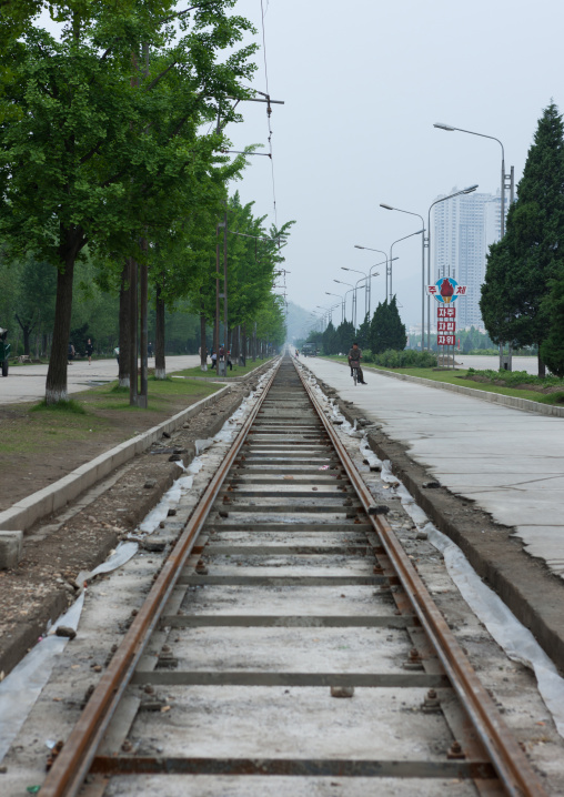 Empty tramway track in the city, Pyongan Province, Pyongyang, North Korea