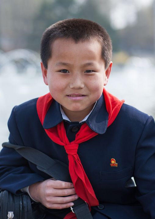 North Korean pioneer boy from the Korean children's union, Pyongan Province, Pyongyang, North Korea