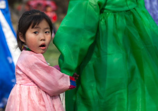 Portrait of young North Korean girl in traditional choson-ot, Pyongan Province, Pyongyang, North Korea