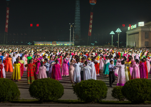 North Korean students dancing to celebrate april 15 the birth anniversary of Kim Il-sung, Pyongan Province, Pyongyang, North Korea