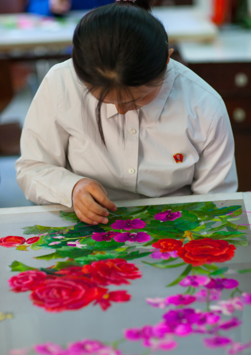 North Korean gilr in embroidery workshop in Mangyongdae schoolchildren's palace, Pyongan Province, Pyongyang, North Korea