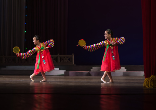 North Korean girls dancing in Mangyongdae children's palace, Pyongan Province, Pyongyang, North Korea