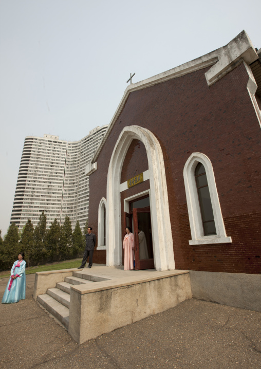 North Korean people in front of Chilgol protestant church, Pyongan Province, Pyongyang, North Korea