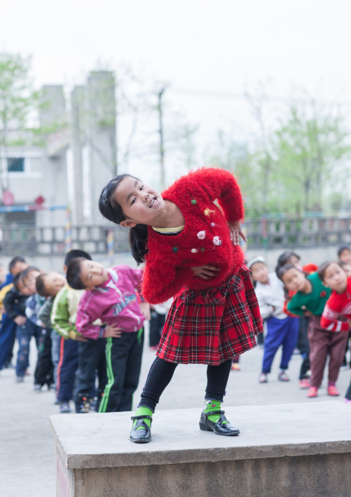 North Korean children making morning gymnastics at school, North Hwanghae Province, Kaesong, North Korea