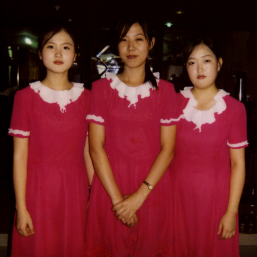 Polaroid of North Korean waitresses in a restaurant, Pyongan Province, Pyongyang, North Korea