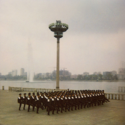 Polaroid of a North Korean military parade in front of Taedong river, Pyongan Province, Pyongyang, North Korea