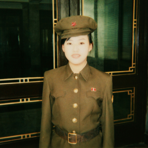 Polaroid of a North Korean woman guard in a museum, Pyongan Province, Pyongyang, North Korea