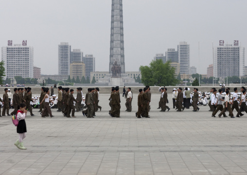 North Korean soldiers training in Kim il Sung square in front of the Juche tower, Pyongan Province, Pyongyang, North Korea