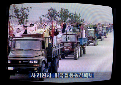 Agricultors parading on the North Korean television, Pyongan Province, Pyongyang, North Korea