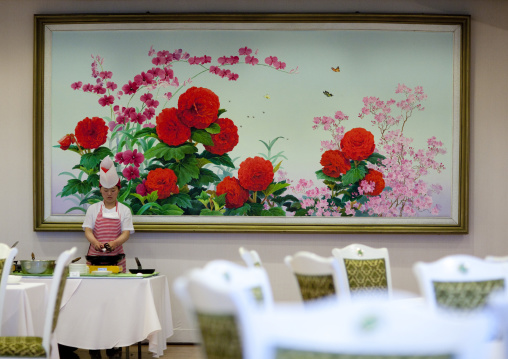 Restaurant in Yanggakdo hotel with flowers decoration, Pyongan Province, Pyongyang, North Korea