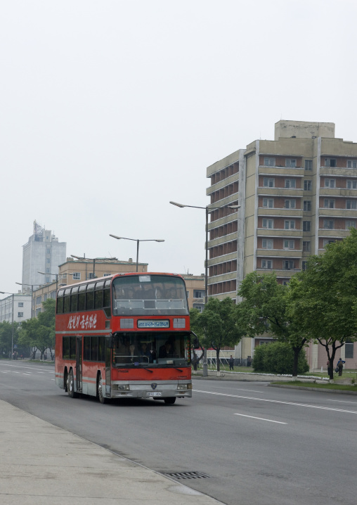 Double decker bus in the street, Pyongan Province, Pyongyang, North Korea