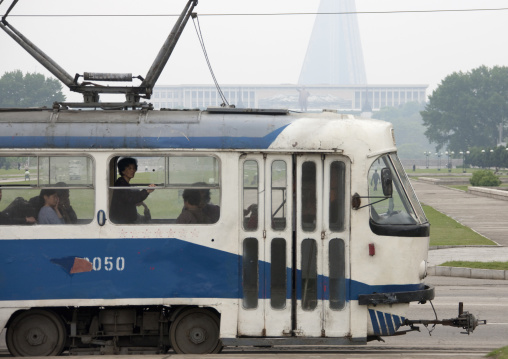 Blue tramway in the city, Pyongan Province, Pyongyang, North Korea