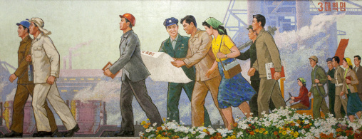 Socialist innovations in industry and agriculture fresco in puhung metro station, Pyongan Province, Pyongyang, North Korea