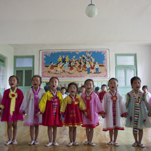 North Korean girls singing during a class lesson in a primary school, South Pyongan Province, Chongsan-ri Cooperative Farm, North Korea