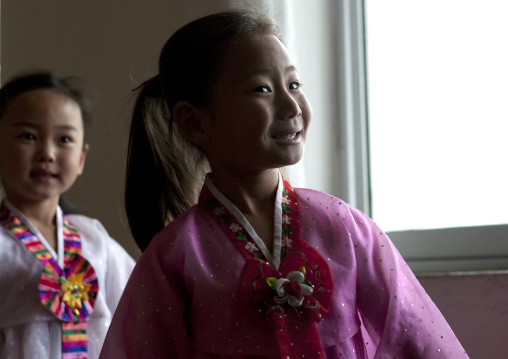 Smiling North Korean girls in a primary school, South Pyongan Province, Chongsan-ri Cooperative Farm, North Korea