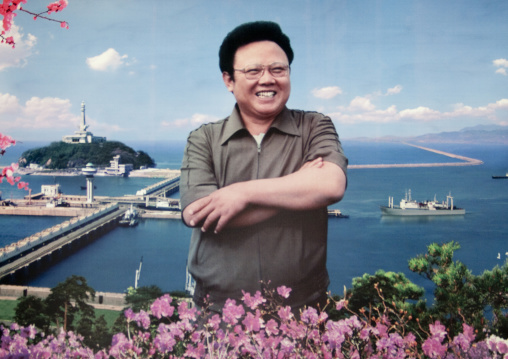 Poster of Kim Jong il standing in front of the west sea barrage of the port of nampo, South Pyongan Province, Nampo, North Korea