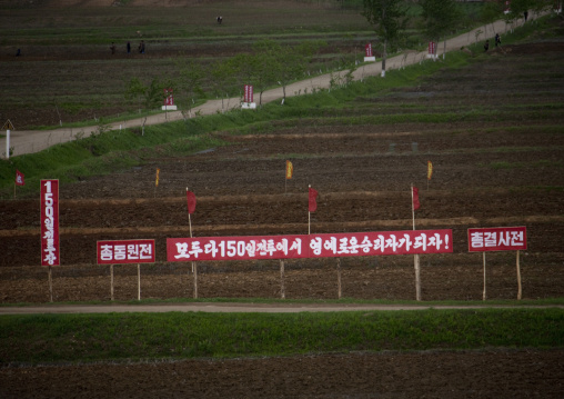 Propaganda slogan for the 150 days of labor campaign on a red billboard in town, Pyongan Province, Myohyang-san, North Korea