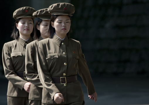 North Korean female soldiers marching in line, North Pyongan Province, Myohyang-san, North Korea