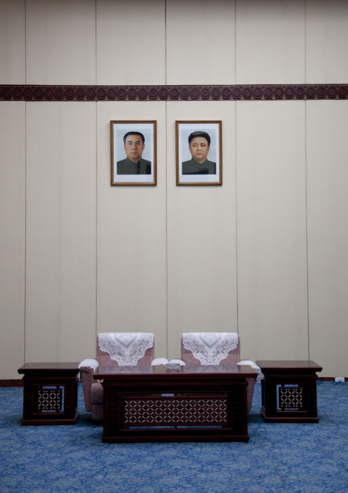 The official Dear Leaders portraits in an office, Pyongan Province, Pyongyang, North Korea