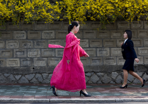 North Korean women with traditional and modern clothes in the street, Pyongan Province, Pyongyang, North Korea